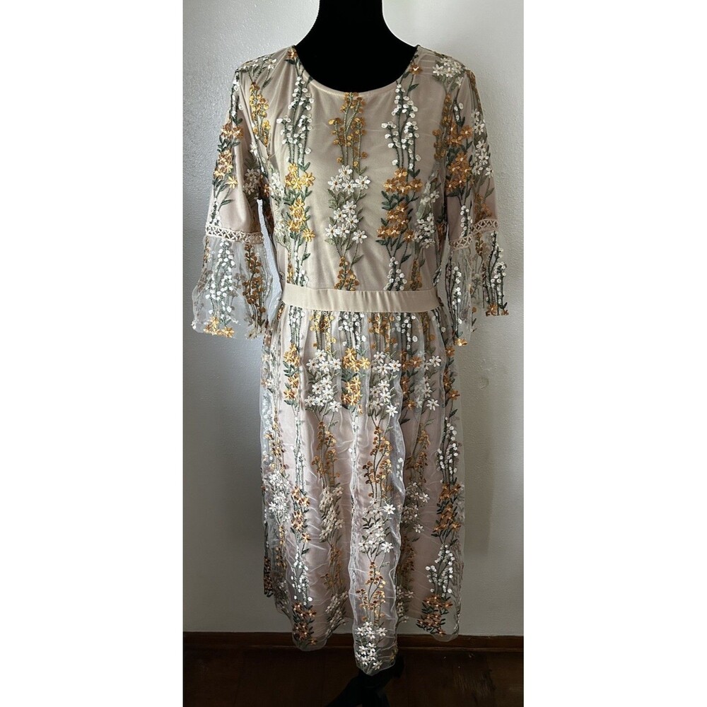 Bohme Floral Embroidered Sheer Lined Fit & Flair Midi Dress Boho Romantic Size L - Picture 2 of 12